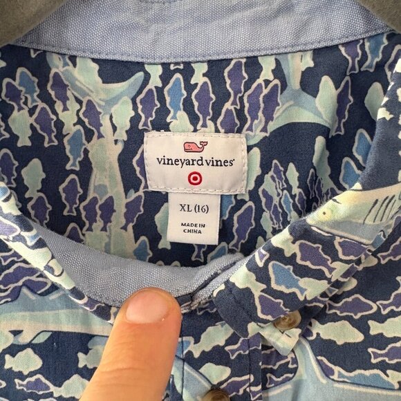 Vineyard Vines x Target Button Down Shirt Boys XL Blue Shark Fish Cruise Preppy - Picture 2 of 8